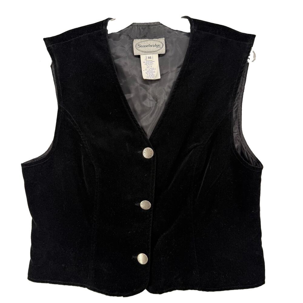 Stonebridge Velvet Vest Womens 14 Black Vintage Metal Buttons Lined